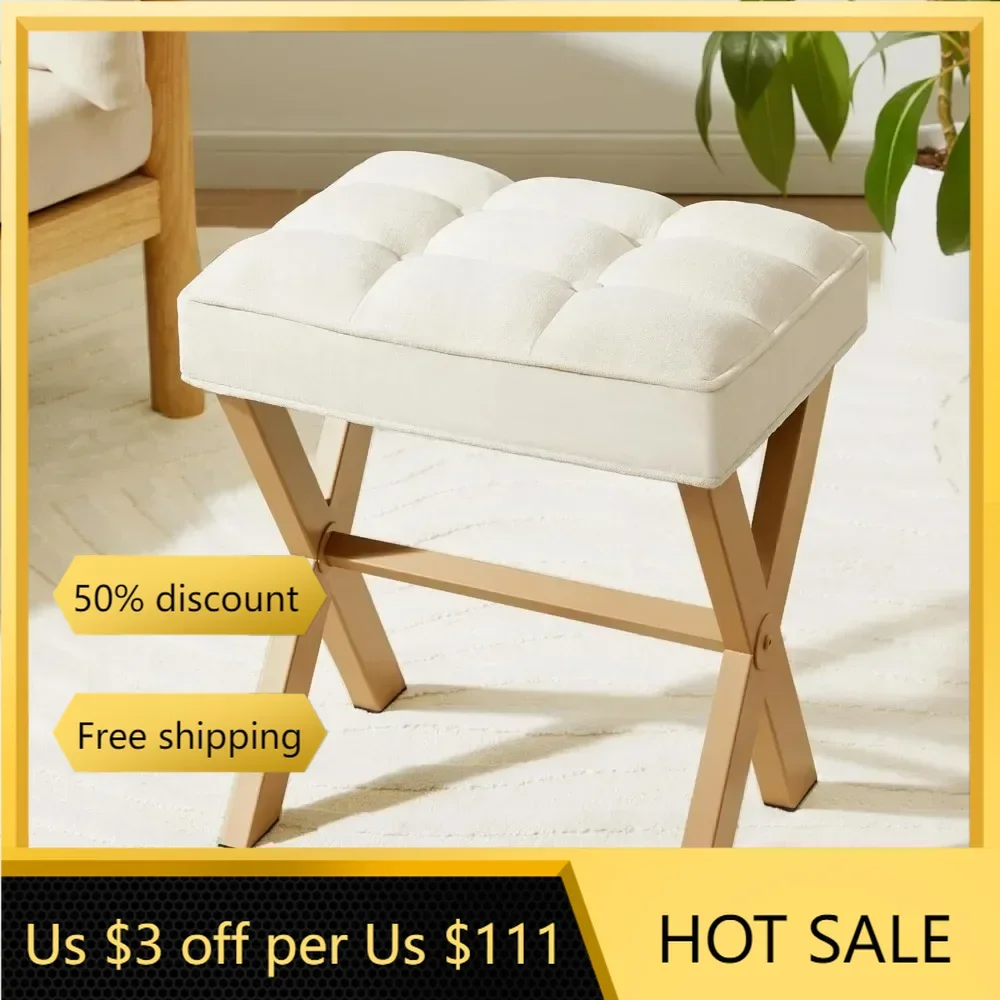 Makeup Stool, 18 Inch Makeup Makeup Stool Chair with Padded Piano Stool, Square Foot Soman Ottoman Footstool with Metal X Feet