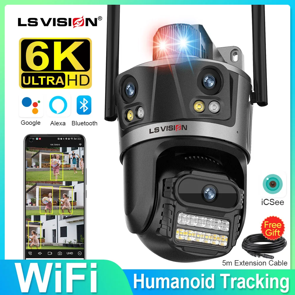 vision camera de vigilancia wi fi 6k hd tres lentes telas ptz ip ao ar livre rastreamento ai cctv security cam icsee ls 01