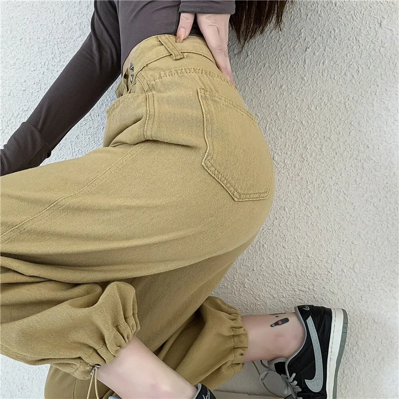 Calças jeans de cintura alta para mulheres, calça cargo feminina, preta khaki, moda urbana, loose, com faixa larga no tornozelo