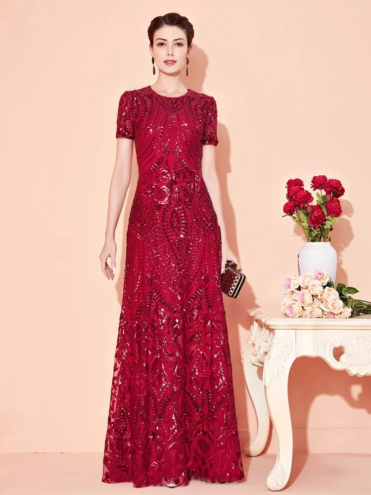 FDHAOLU-vinho vermelho lantejoula a linha do vestido até o chão, mãe dos vestidos de noiva, elegante vestido longo, casamento modesto, baile