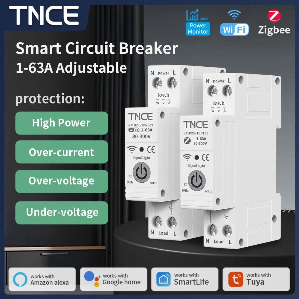 TNCE tuya Circuit Breaker 1P+N WIFI,1-63A adjustment MCB, smart Power Energy switch kWh UnderVoltage OverCurrent Meter Protector