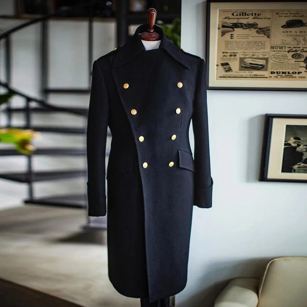 

Warm Men's Suit Jackets Gold Buttons Double Breasted Design Blazer Sets Formal Groom Wedding Tuxedos Outwear Trench Coat Long