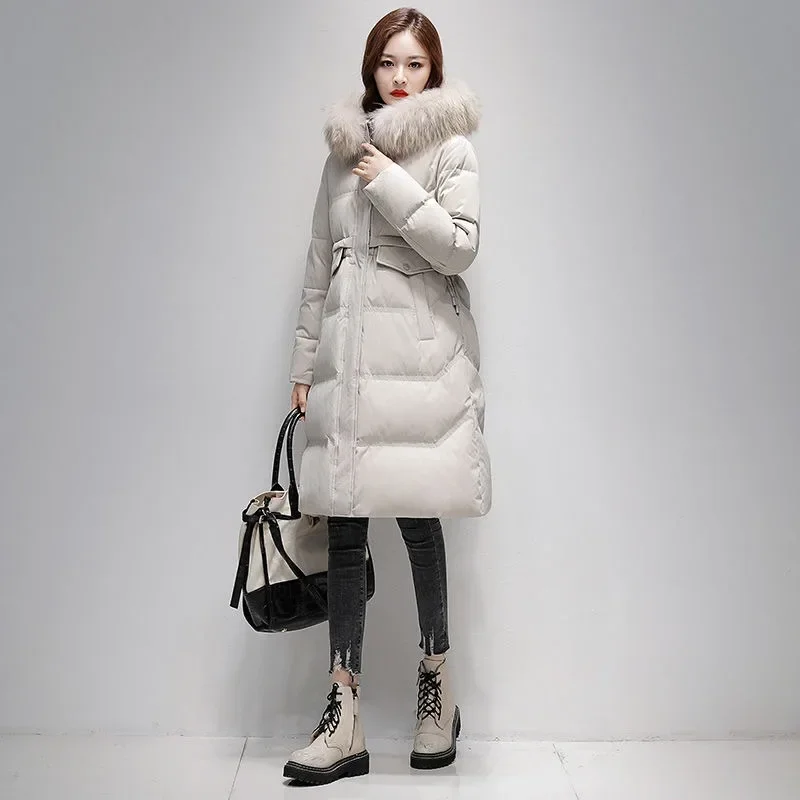 

2023 New Down Jacket for Women Winter Medium Length Fashionable Hooded White Duck Down Large Fur Collar Thickened Coat