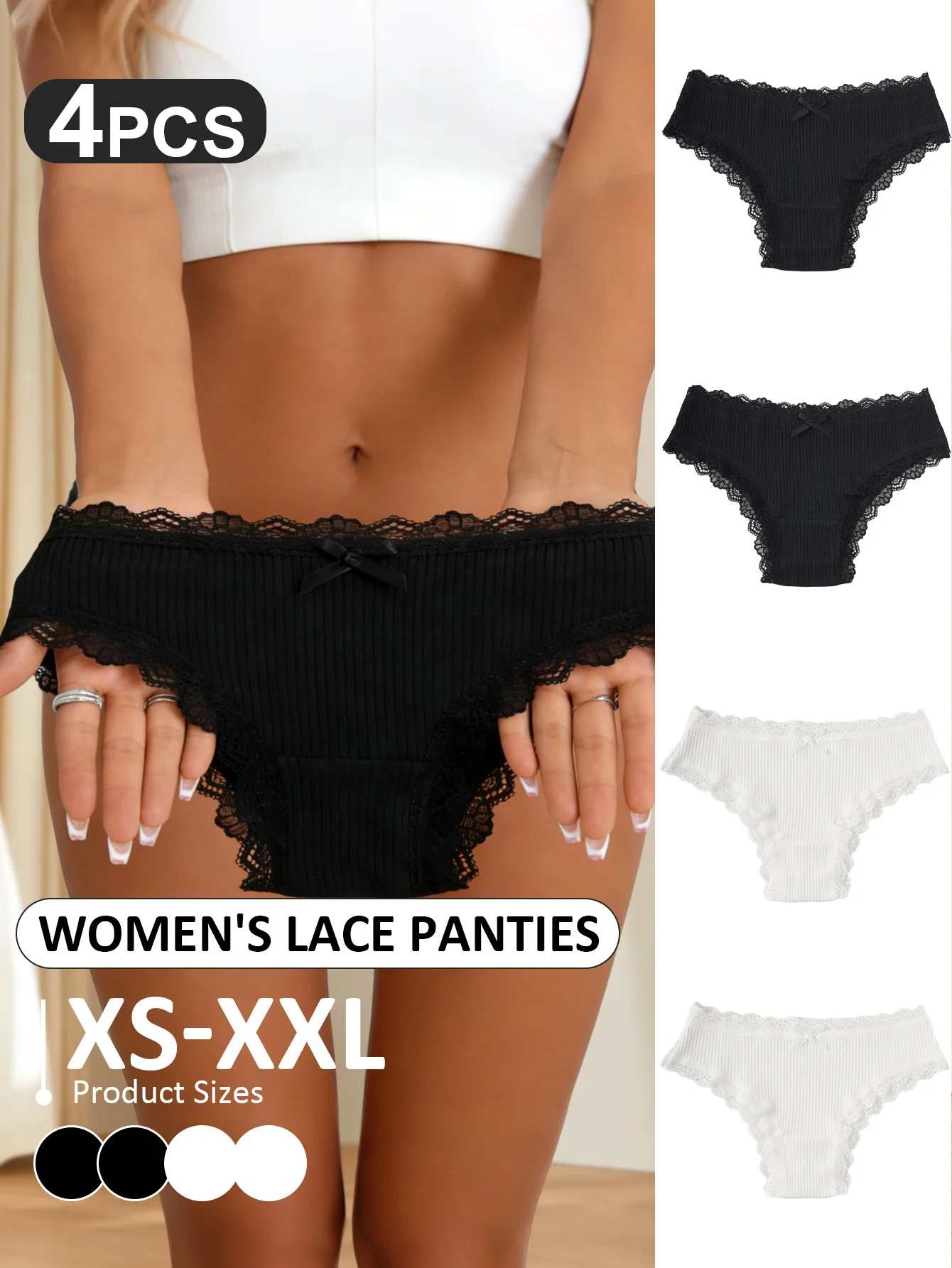 4Pcs Ladies Ribbed Knit Panties Delicate Lace Edge Bow Mid Rise Soft Stretchy Breathable Solid Women Briefs Intimate Underwear