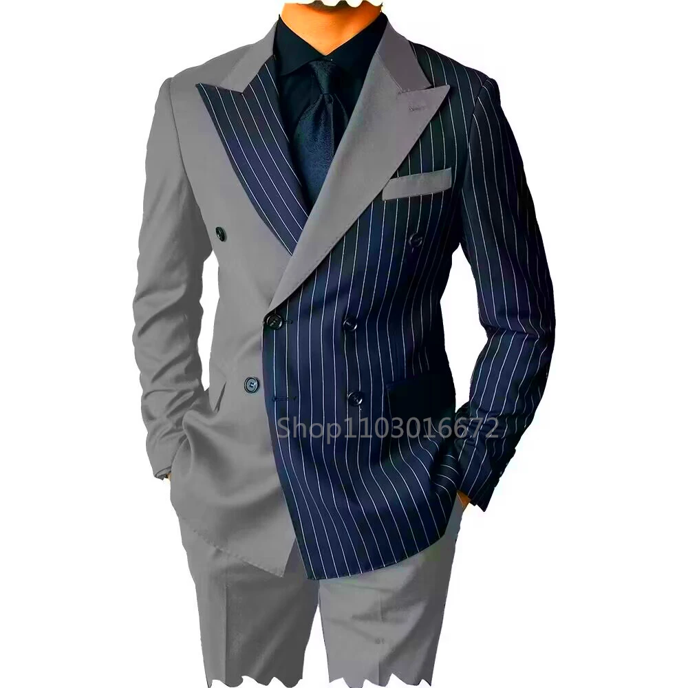 Immagine 6: Nuovo Stile Abito Formale da Uomo 2 Pezzi, Smoking da Sposo con Risvolto a Punta, Vestibilità Slim, Blazer Doppiopetto e Pantaloni, Set Elegante per Affari