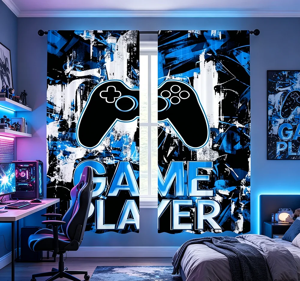 2PCS Digital Printed Curtains, Ink Blue Game Controller Pattern, Gamer E-sports Style for Living Room Bedroom Game Room Decor