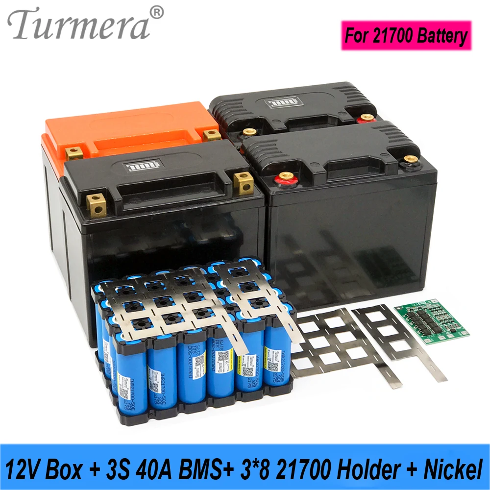 Turmera 12V 32Ah to 40Ah Motorcycle Battery Storage Box 3X8 21700 Holder 3S 40A BMS with Solder Nickel for Replace Lead-Acid Use