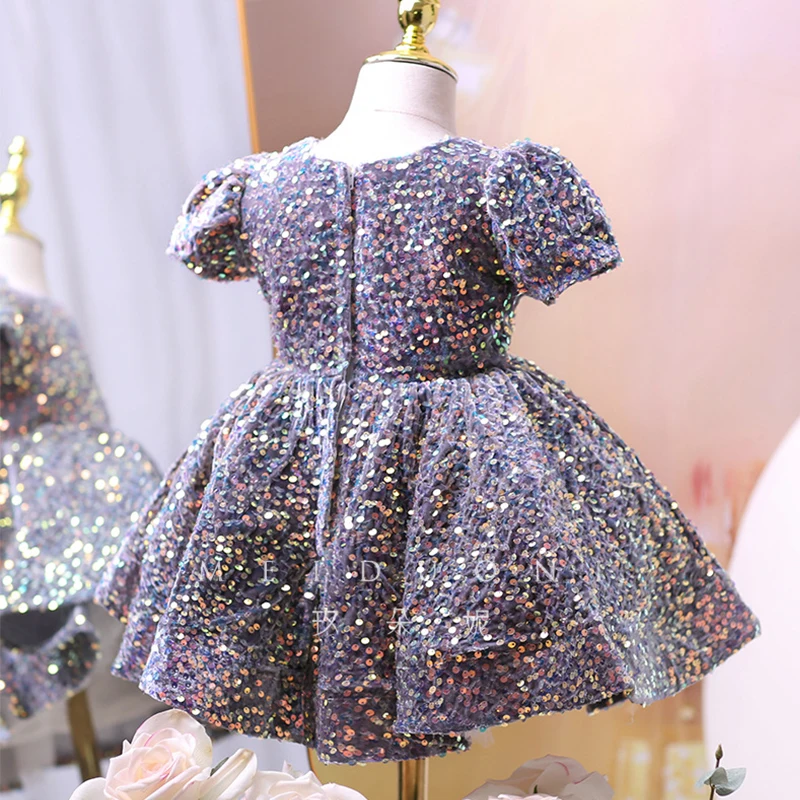 Puffy Princess Dress for Girls Sequin Purple Kids Dresses Children Clothing Girl Wedding Party 8 14 Years Elegant Catwalk Show