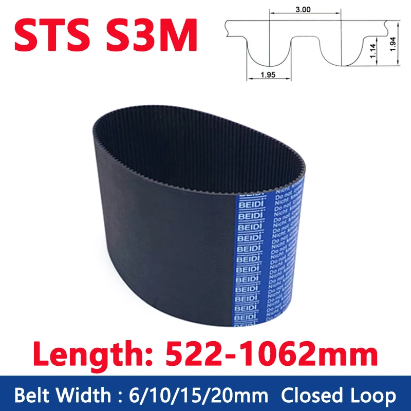 

STS S3M Closed Loop Rubber Timing Belt Width 6/10/15/20mm Length 522 525 531 537 540-1062mm Synchronous Belt Drive Toothed Belt