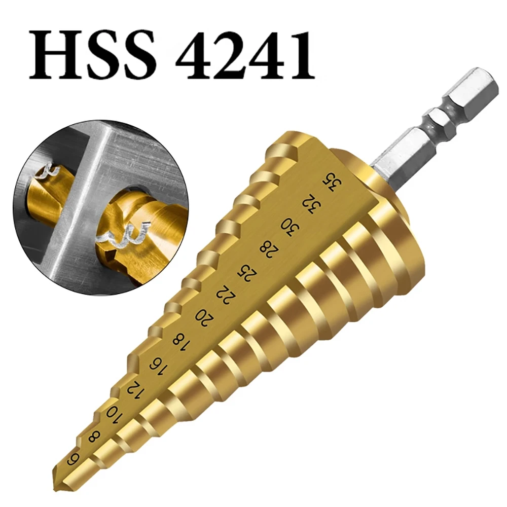 

Step Drill Titanium Plated Hexagonal Shank Straight Groove 3-12/4-12/4-20/4-32mm Pagoda Drill Drilling Tool Accessory Set