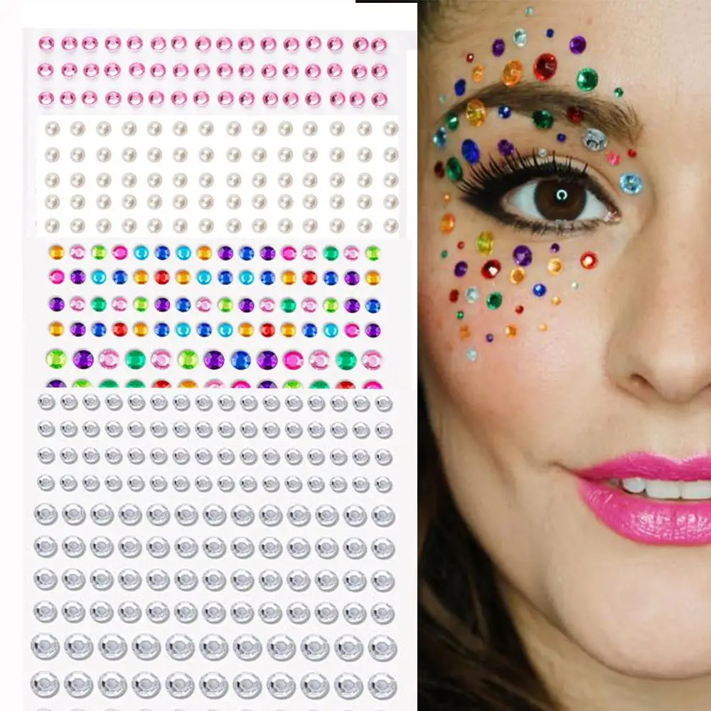 162Pcs/Sheet 3D Pink Gems Face Tattoo Stickers Mixed 3/4/5/6mm Round Crystal Diamond Temporary Tatoos DIY Body Makeup Jewels Dec