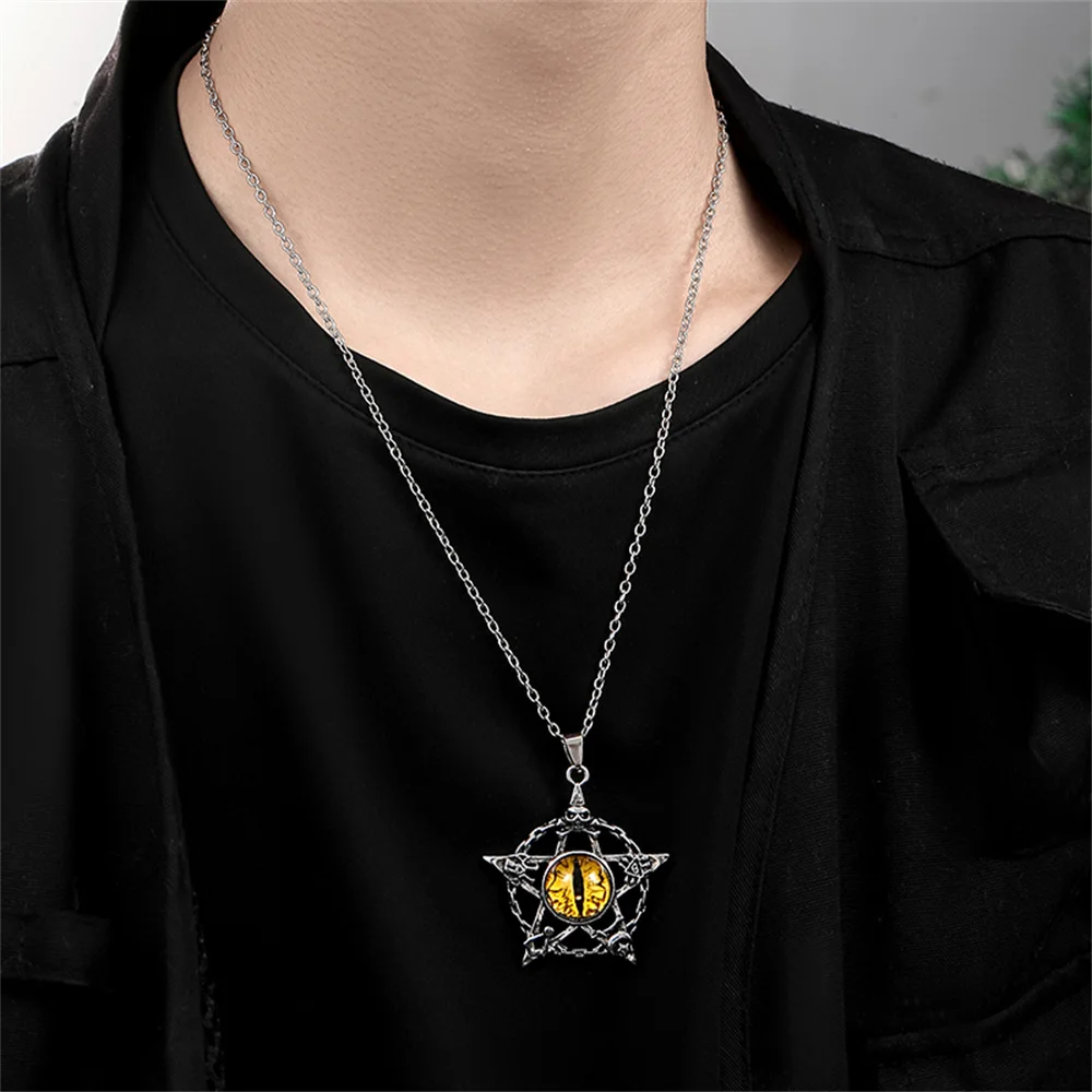 Pentagram shape Devil\'s Eye Pendant Necklace For Men And Women Punk Retro Non Adjustable Metal Collar Trending Jewelry Gifts