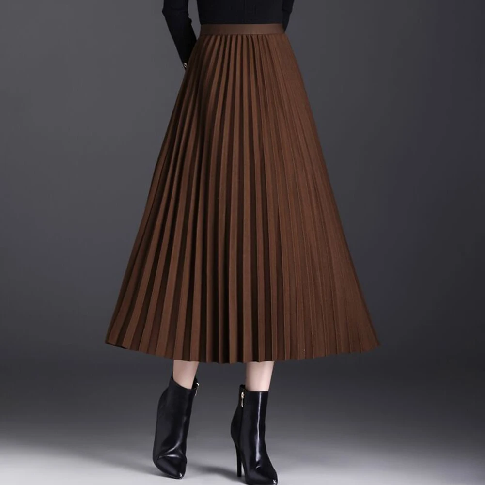 Saia de lã solta saia de cintura alta estilo plissado tecido de poliéster nova condição saias femininas todas as estações