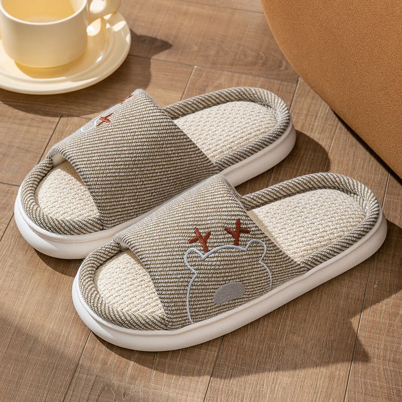 Linen Slippers with Thick Soles for Men and Women, All Season Household Couple, Indoor Anti Slip and Silent Home Cooling Mop