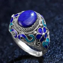 Classical Exquisite Cloisonne Flower blue Lapis lazuli rings for women vintage Palace Style enamel Wedding 925 Silver Jewelry