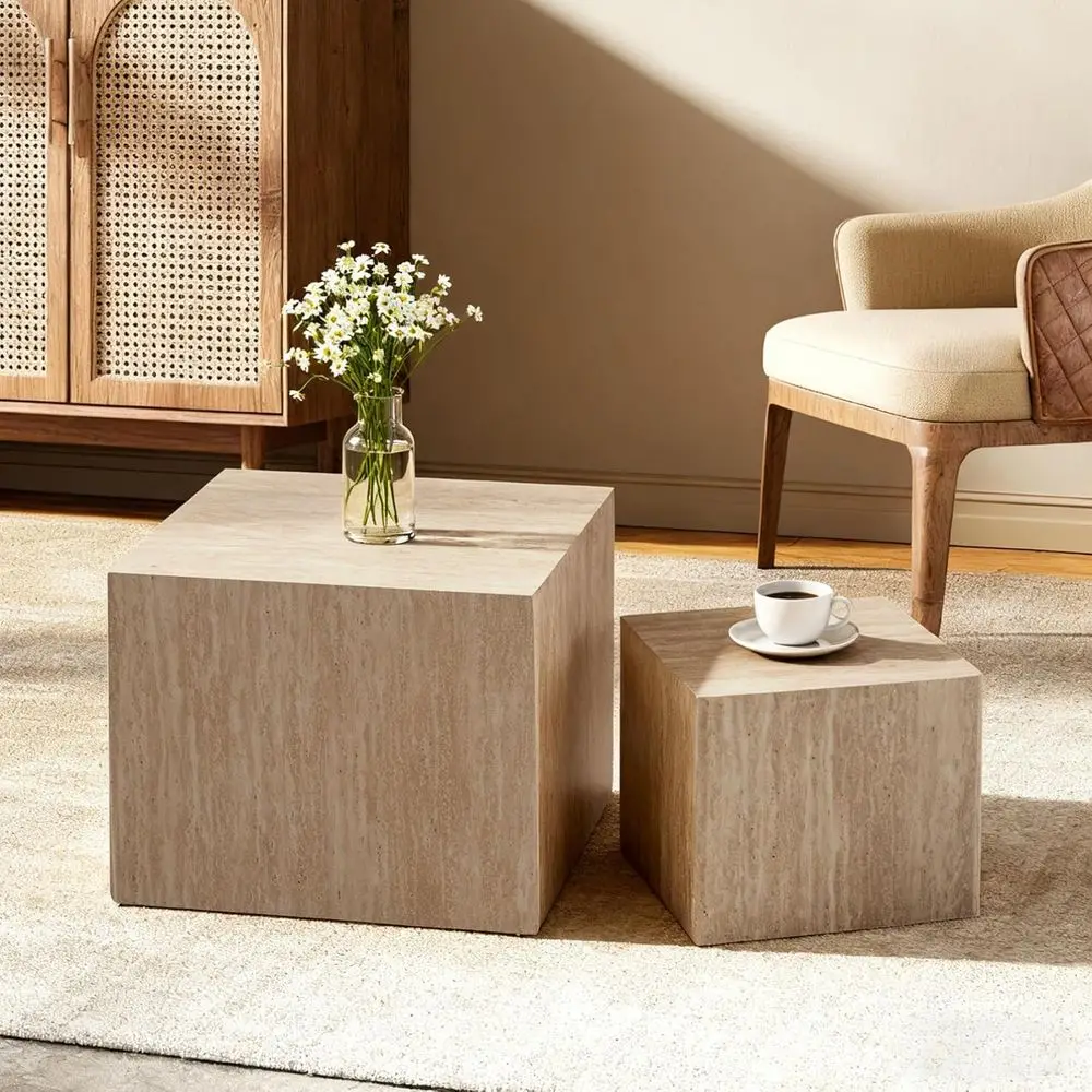 

Nesting Coffee Table Set of 2, Rustic Wood Coffee Square End Table, Cube Side Table for Living Room Apartment Small Space, No As