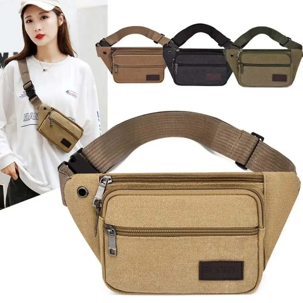 Canvas Multifunctional Waist Bags Adjustable with Headphone Hole Sports Crossbody Bags Portable Large Capacity