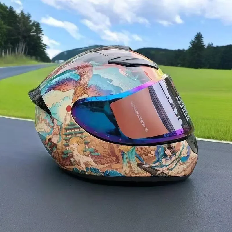 

Лучшая цена, сертифицированный DOT в стиле ретро DunHuang, китайский древний дизайн, анфас, мотоциклетный шлем, красочные линзы, крейсер, снаряжение для поездок на работу