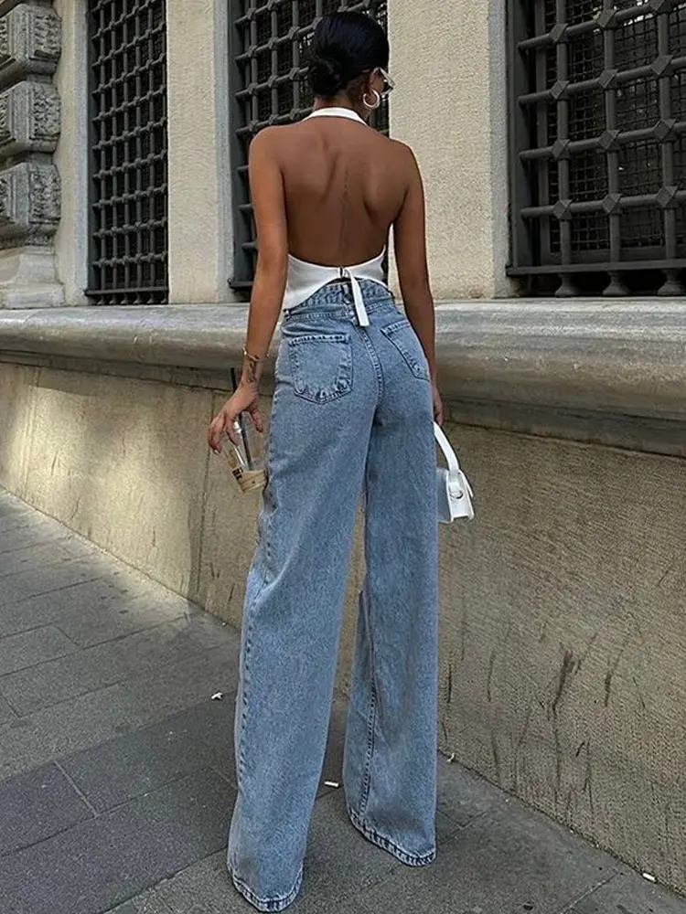 انظر من خلال شبكة الجينز للنساء المرقعة ثقوب جوفاء عالية الخصر فضفاض مستقيم السحب بنطلون 2025 الصيف سيدة الدنيم السراويل