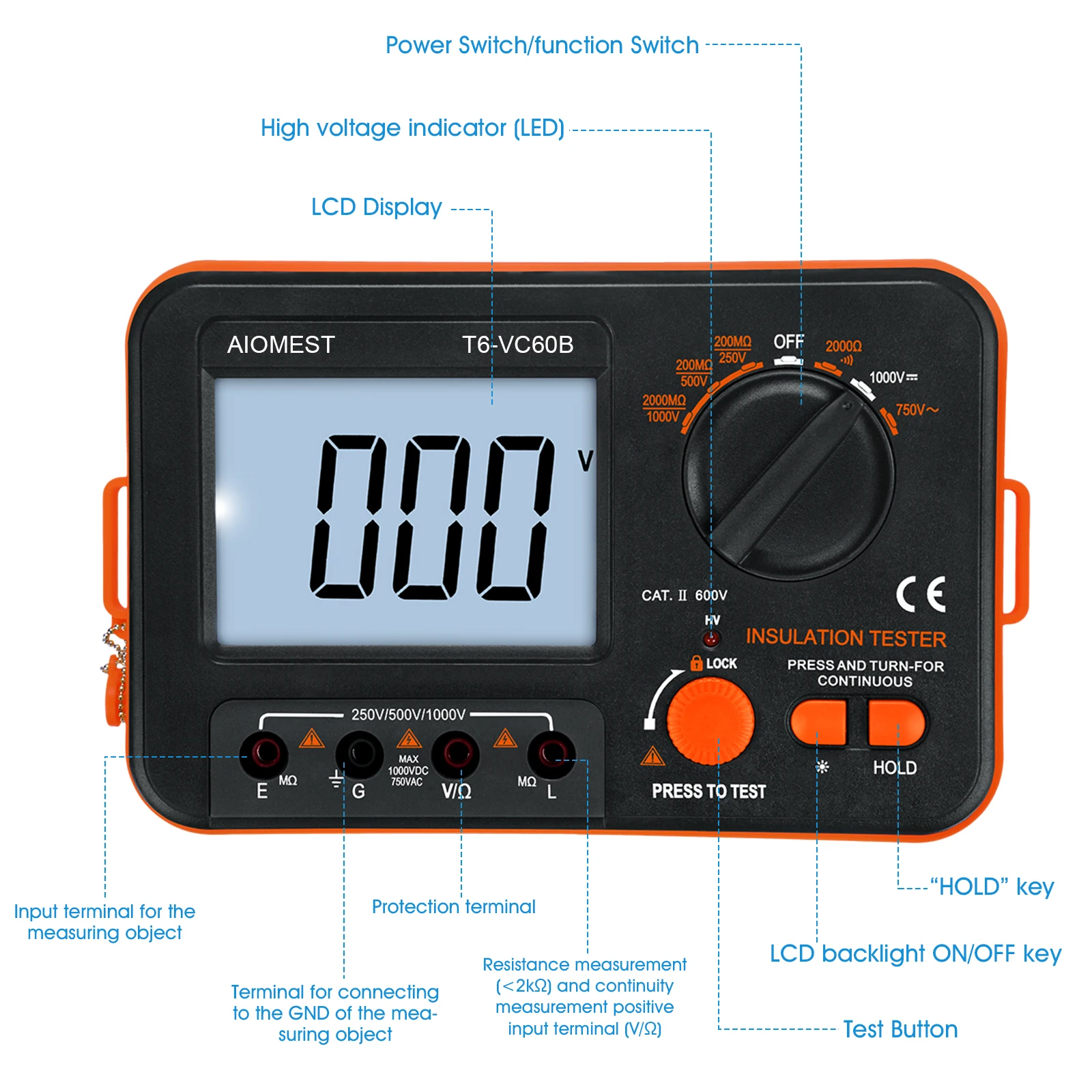 Tester digitale di resistenza di isolamento, Megohmmetro 0,1-200 MΩ, 250 V/500 V/750 V/1000 V, con mantenimento dati e display retroilluminato