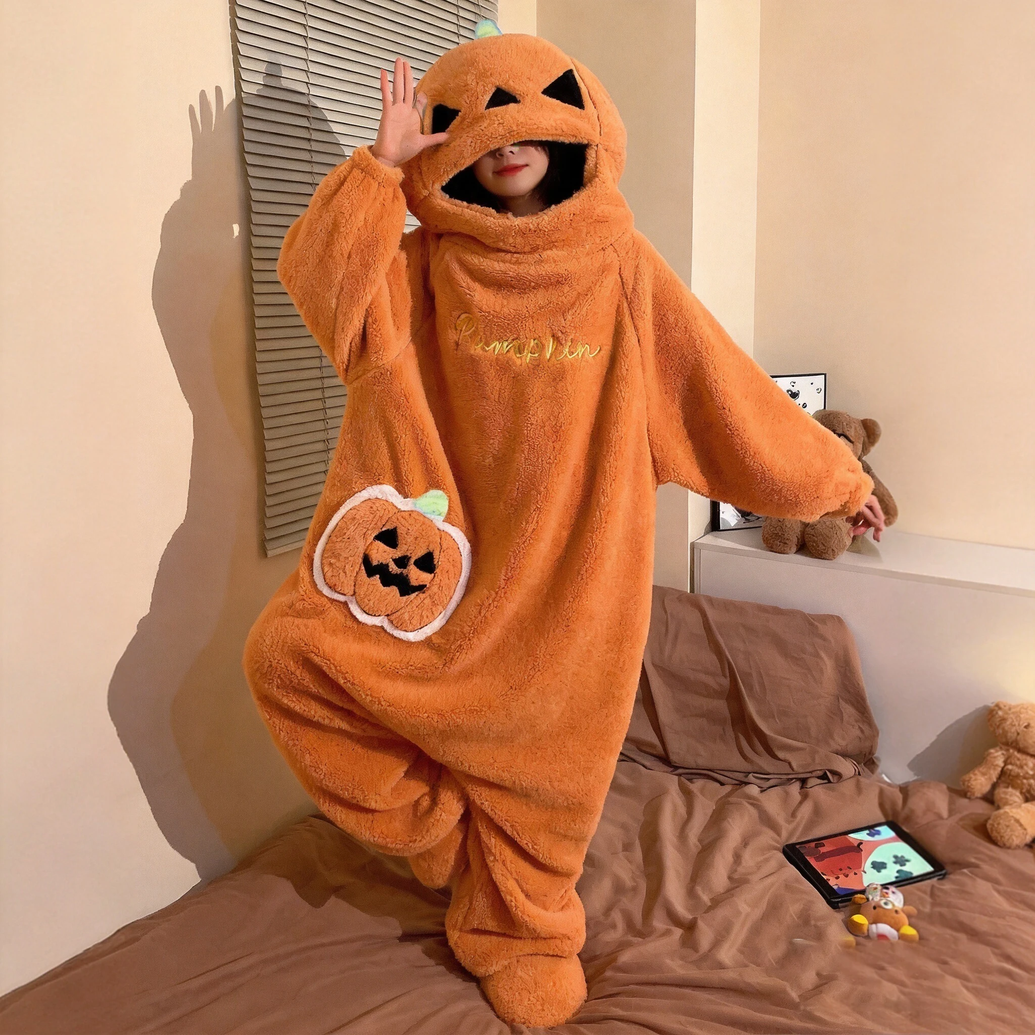 大人用パンプキンワンピースフード付きパジャマフランネルプラッシュジャンプスーツハロウィンコスプレコスチュームホームスリープウェアポケット付き衣装