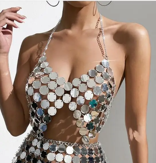 Women Sequin Chain Metal Chain Carnival Backless Metallic Hollow Adjustable Reflective Nightclub Party Only The Sling Vestidos