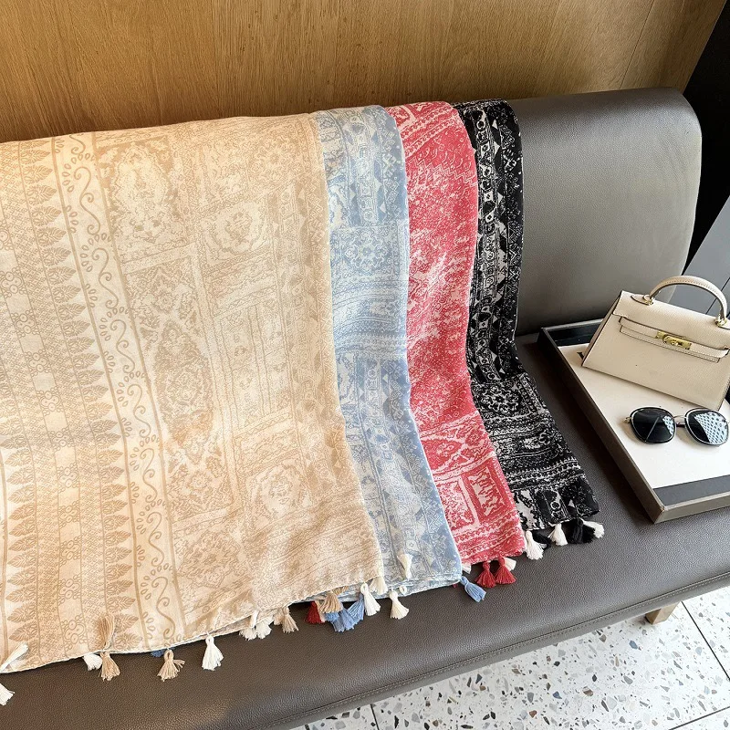 Aztekischer Ethnischer Geometrischer Quasten-Baumwollviskose-Schal Damen Bedruckter Weicher Voile-Schal und -Tuch Pashmina Muslimischer Hijab Sjaal 180*90cm