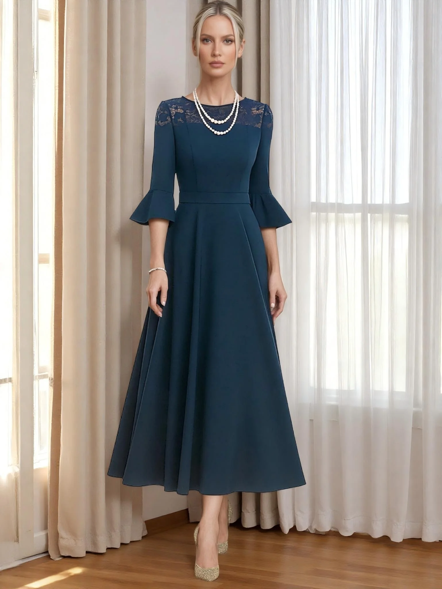 

A-Line Ankle Length Party Dress 3/4 Length Sleeve Crew Neck Elegant Formal Lace Polyester Mother of the Bride Dress