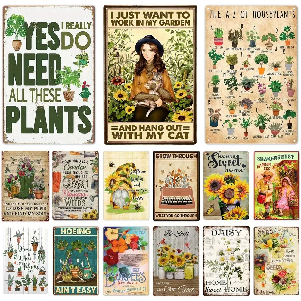 2D Flat Metal Sign Vintage Garden Plant Poster Set I Really Need All These Plants Work In My Garden A-Z Houseplants Sunflower Fl