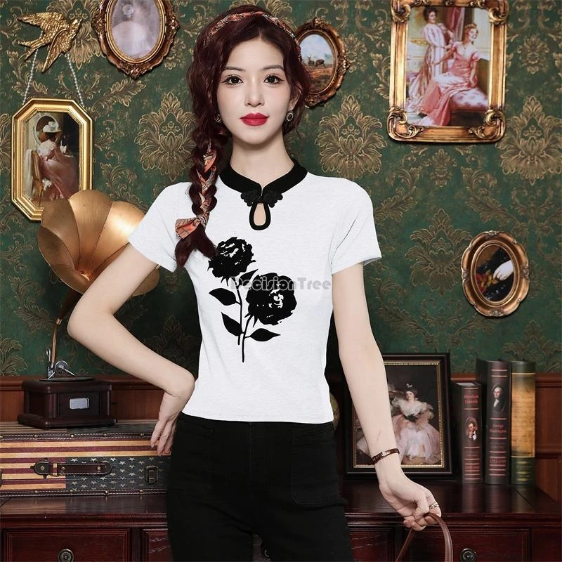 2024 popular fashionable versatile lady blouse chinese style elegant stand collar hollow out qipao top chic printing casual top