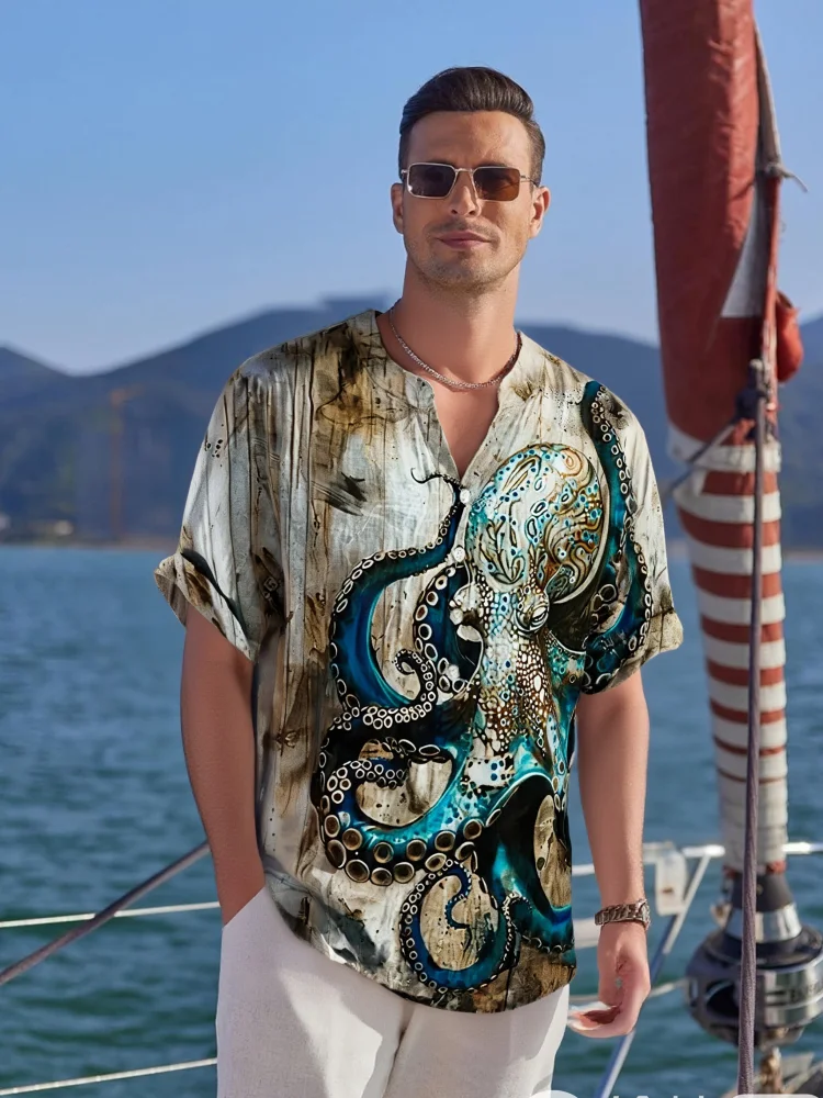 

Vintage Octopus Art Print Casual Shirt Men's Holiday Short Sleeve V-neck Summer Blouse 2025 Fashion Retro Harajuku Man Clothings
