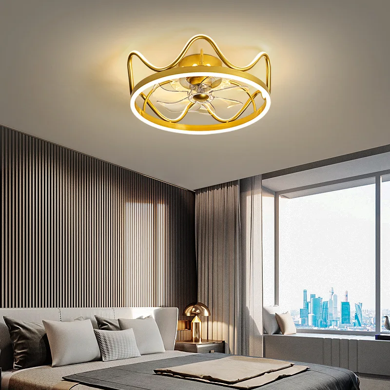 

2023 Light luxury crown ceiling fan lamp post modern Nordic restaurant lamp creative invisible household bedroom fan Chandelier