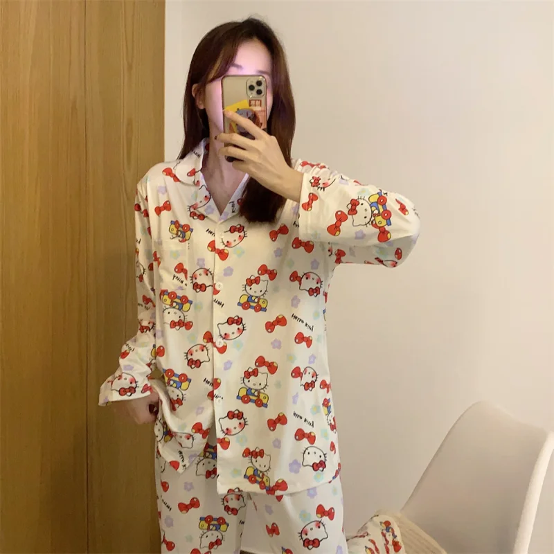 Sanrio HelloKitty cartoon print spring and autumn girls long-sleeved pajamas new cute casual can be worn outside loungewear suit