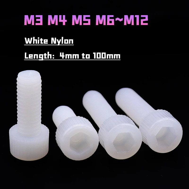 Peijian M3 M4 M5 M6 M8 M10 M12 White Nylon Plastic Allen Driver Hexagon Hex Socket Cap Bolt Screw For Insulation Length 4~100mm