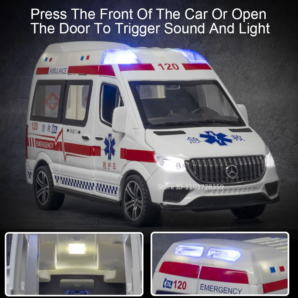 1:24 Scale รถพยาบาลรถตํารวจรุ่น Miniatur ของเล่นโลหะผสม Diecast เสียงประตูเปิดดึงกลับยางยางสําหรับของขวัญเด็ก