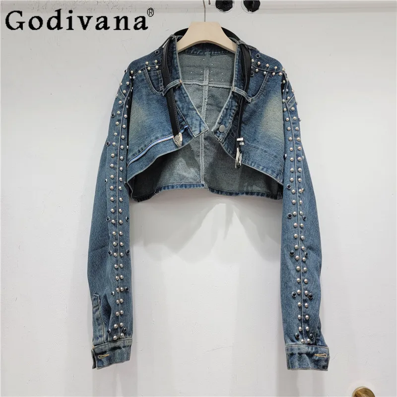 Turn-down Collar Long Sleeve Heavy Industry Bead Sweet Cool Denim Shawl Girl Versatile Short Loose Sexy Street Blouse Jacket