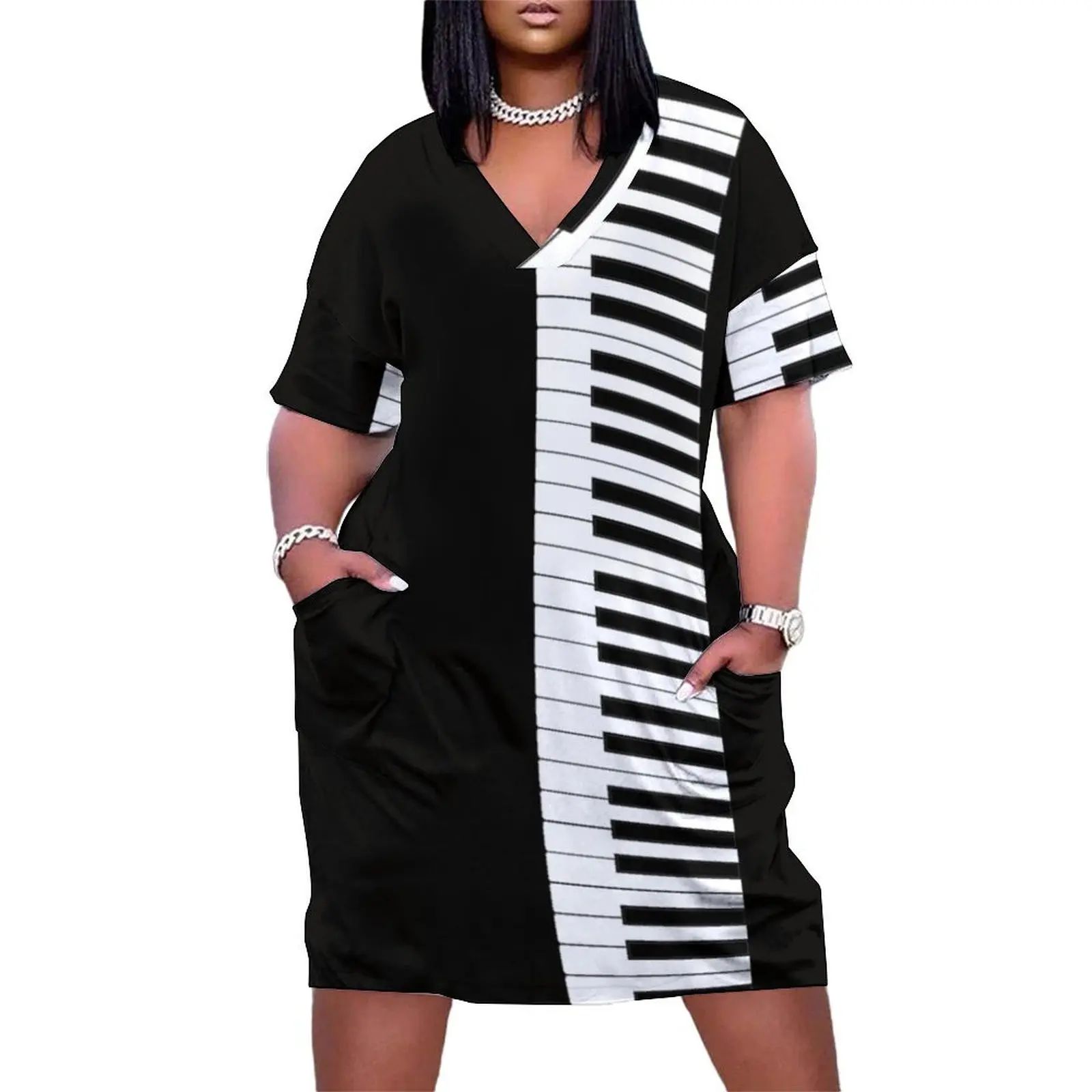 Piano Keyboard Loose Pocket Dress women's clothing trend 2025 summer dress woman 2025 trendy