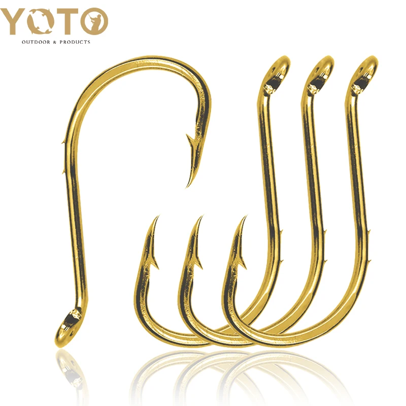 50 Stück Angel-Oktopus-Haken, Meeresangelhaken, Widerhaken mit Öse, doppelte Widerhaken – Gold, für Barsch und Wels.