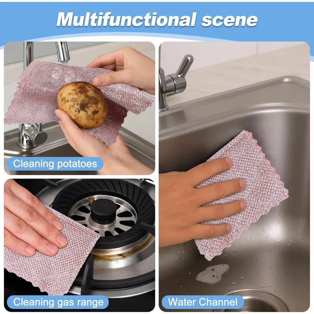 عرض ساخن - 12 قطعة من خرقة غسيل الأطباق متعددة الأغراض مقاس 9.64 × 9.64 في قماش أطباق سلكي غير سكارتش للفولاذ المقاوم للصدأ باللون الوردي الرطب والجاف #5