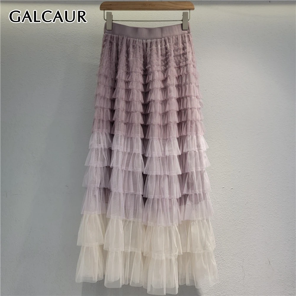 

GALCAUR Solid Spliced Mesh Basics Skirt Female High Waist Loose Patchwork Ruffles Chic Women's Skirts Autumn Fashion New Style