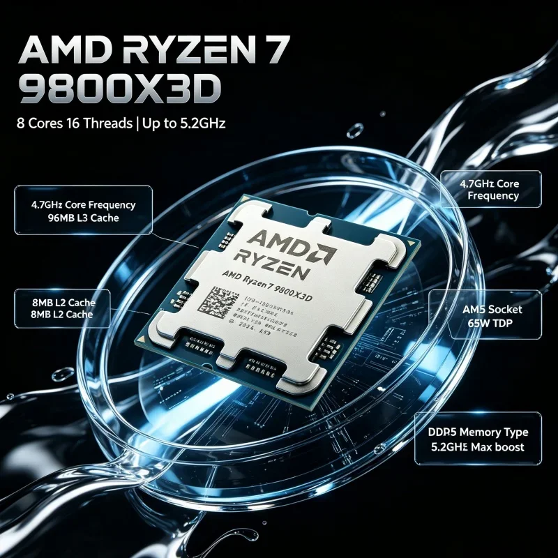 AMD Ryzen 7 9800X3D 8-Core 16-Thread Desktop CPU 4.7GHz 5.2GHz Turbo 96MB L3 Cache AM5 DDR5 4nm 120W TDP Gaming Processor