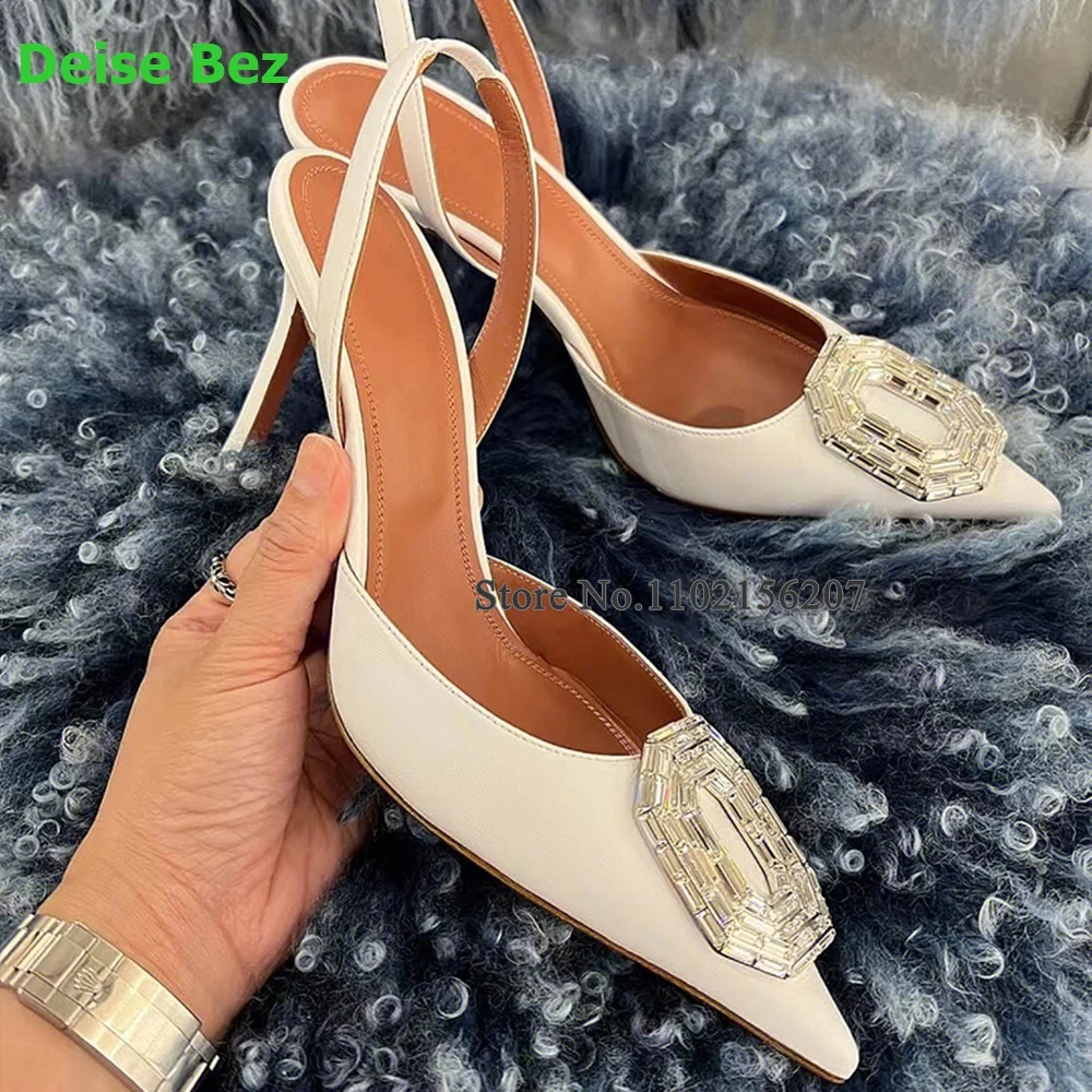 Oval Crystal Pointed Toe Slingback Pumps For Female Women 2024 Back Strap Sexy Solid Shallow Luxury Fashion Elegant Party Shoes