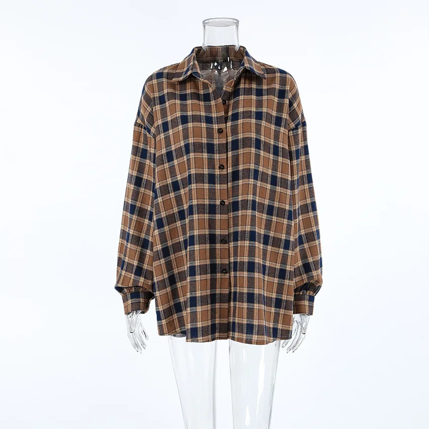 Luźna koszula w kratę dla kobiet, vintage brązowa bluzka z kołnierzykiem, zapinana na guziki, z długim rękawem, koszule biurowe, nowość na wiosnę 2025