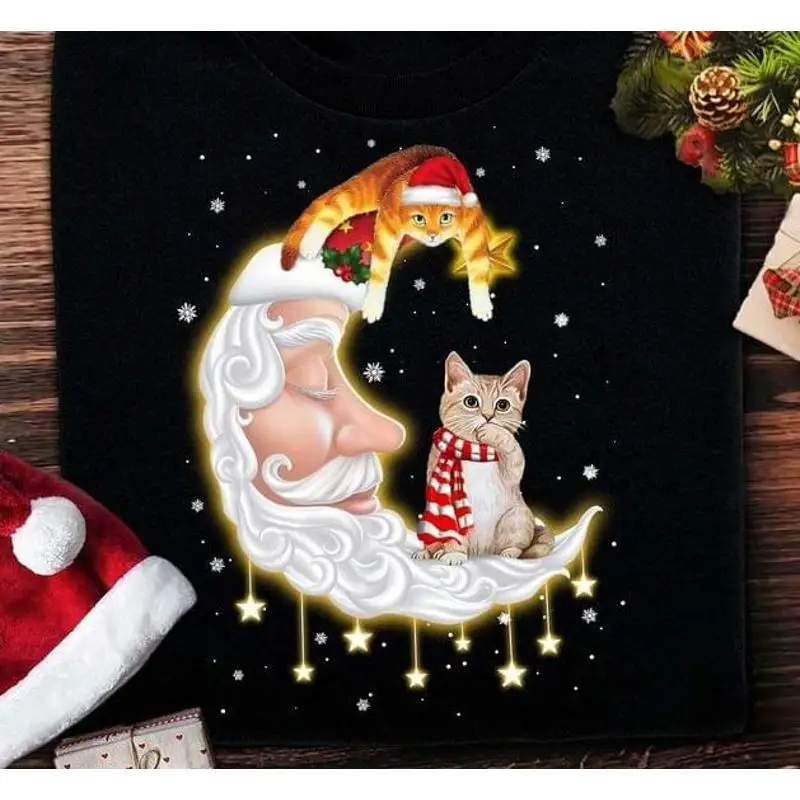 Santa Claus Moon Cats Christmas Snow T-Shirt