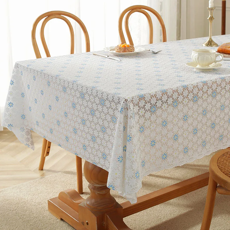 PVC Lace Tablecloth Waterproof Washable and Erasable Table Linen Tea Table Cloth Rectangular Table Cover White Skyblue