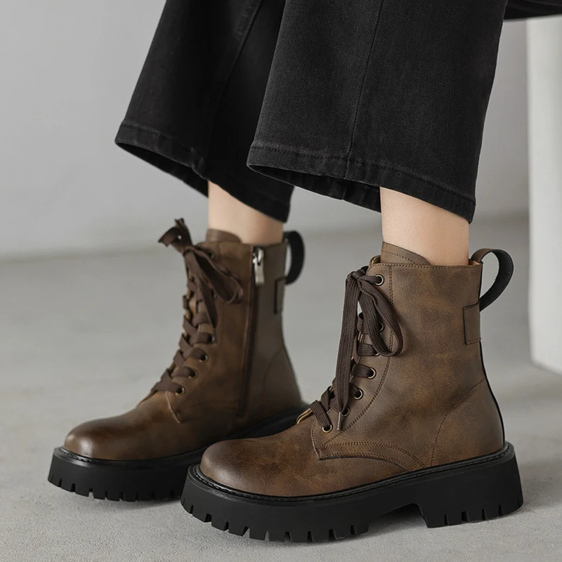 

Women's new leather cowhide round toe lace up thick bottom zipper mid heel retro short boots fashion boots motorcycle boots
