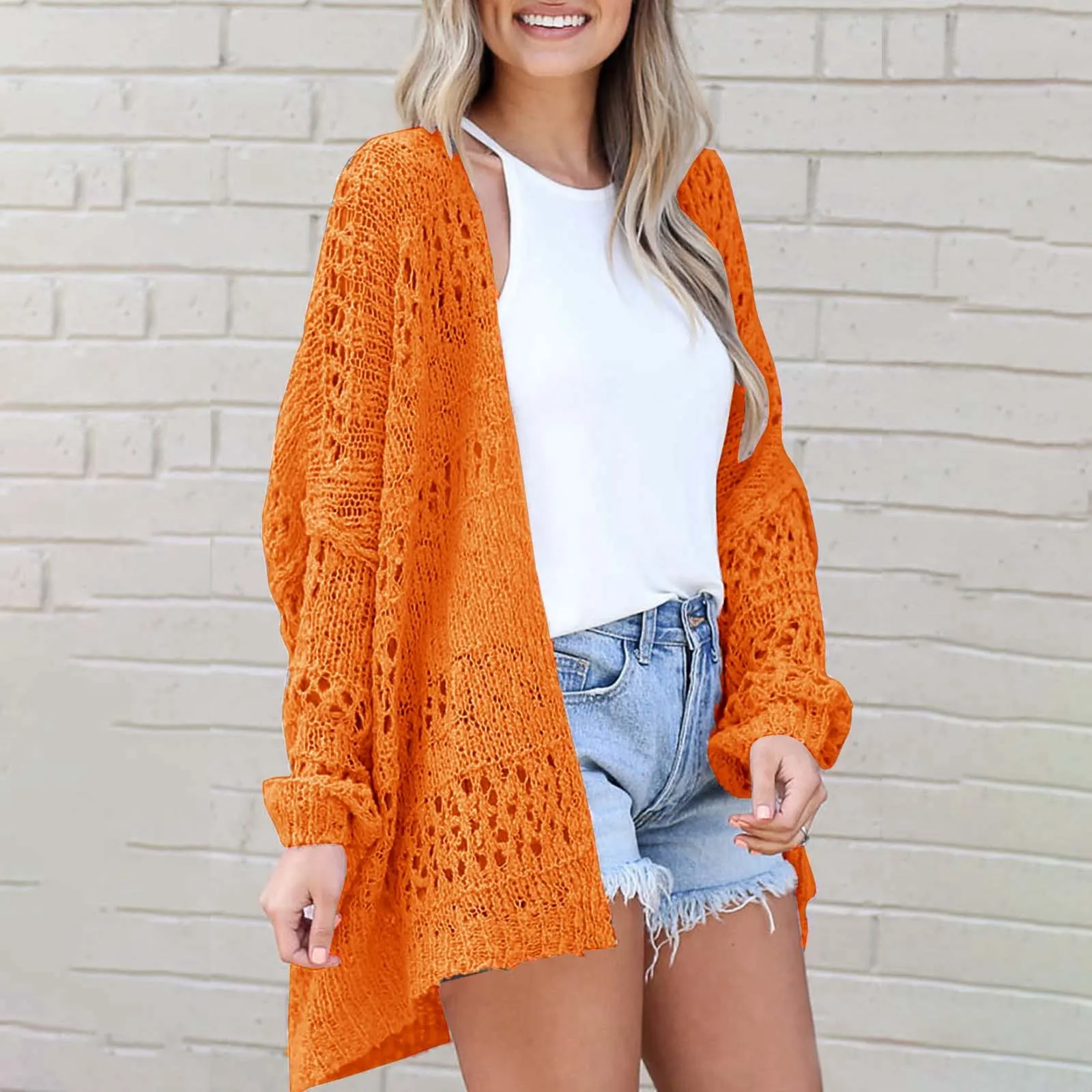 2024 Women Summer Autumn Crochet Cardigan Sweater Long Sleeve Solid Color Hollow Out  Boho Oversized Open Front Fashion Outwear