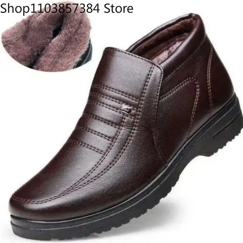 2026 Winter Waterproof Men's Casual Leather Shoes Flannel High Top Slip-on Male Casual Shoes Rubber Warm Winter Shoes for Men