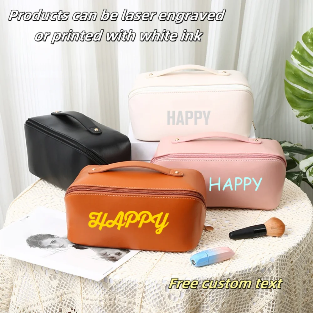 

Customized Personalized Leather Square Cosmetic Bag Beauty Skin Care Large Capacity High Quality Portable Handheld Cosmetic Case