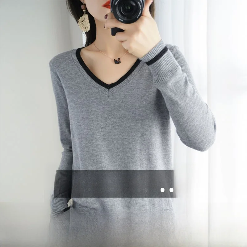 

Свободный крой V-Ne Camere Свитер Long Sve Трикотажный осенне-зимний женский цветной блузка Базовый слой Топ